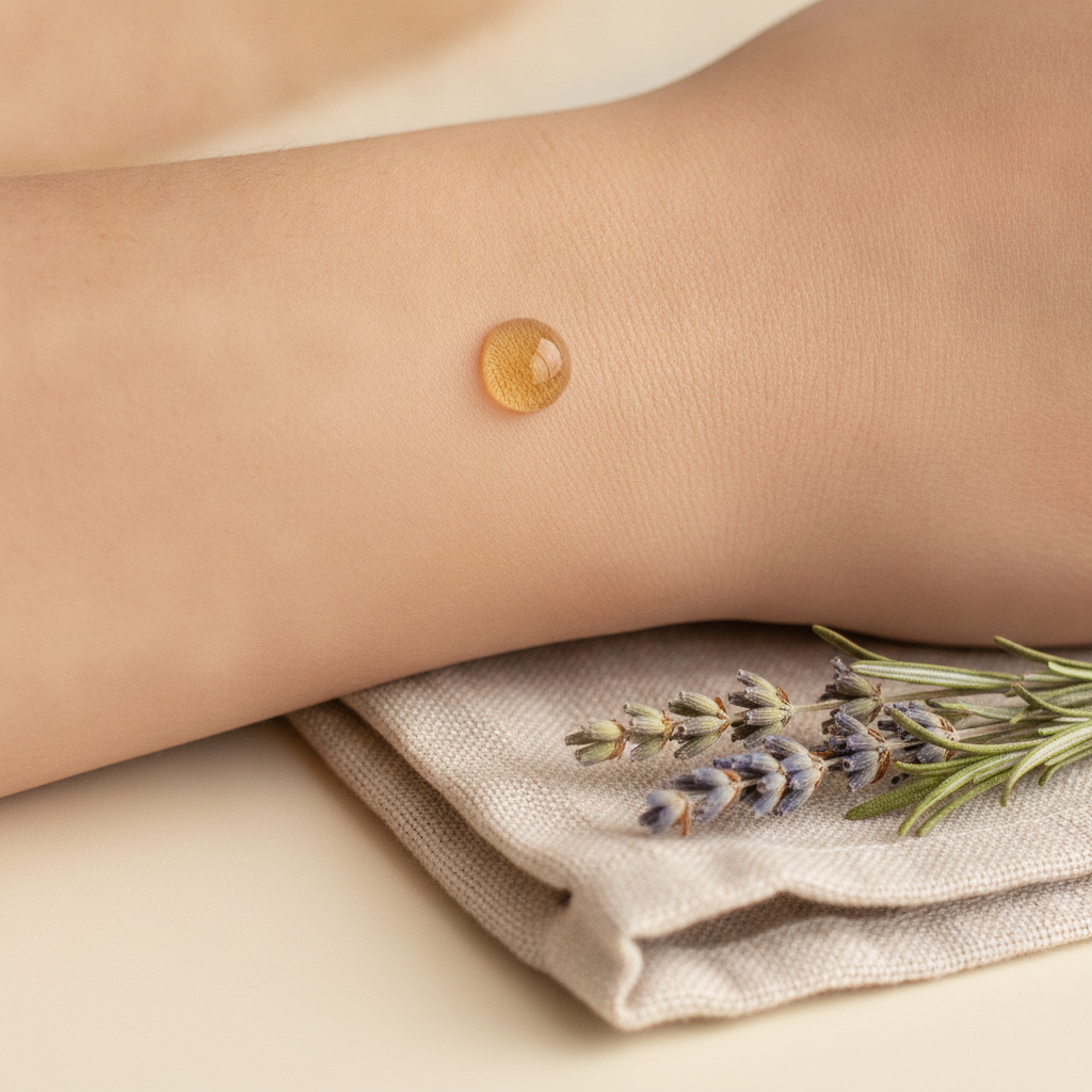 A close-up of a wrist with a drop of perfume on the skin, surrounded by dried herbs and linen in warm natural light.