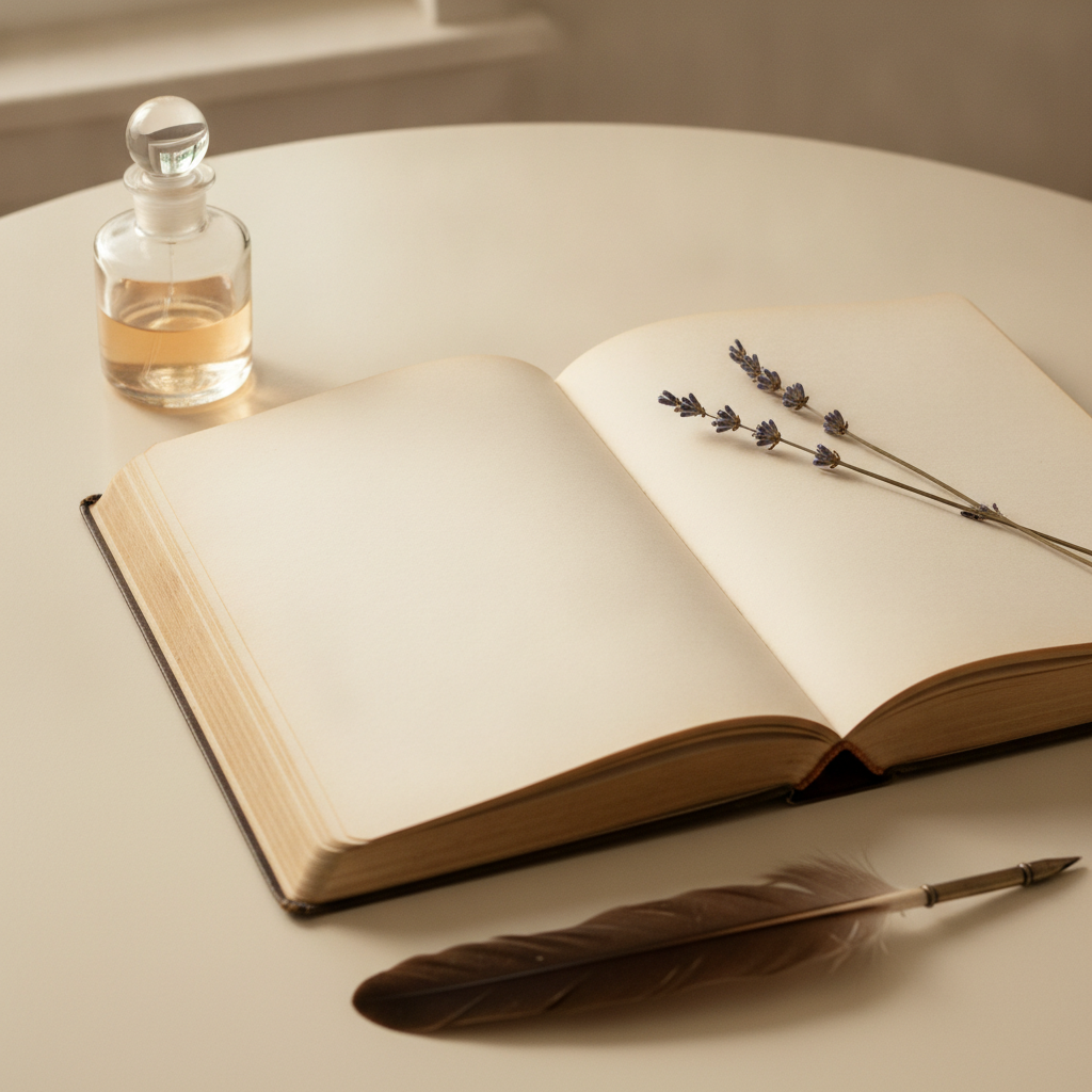 An open journal beside a small perfume bottle and dried lavender on a cream surface, with a pen resting at the edge.