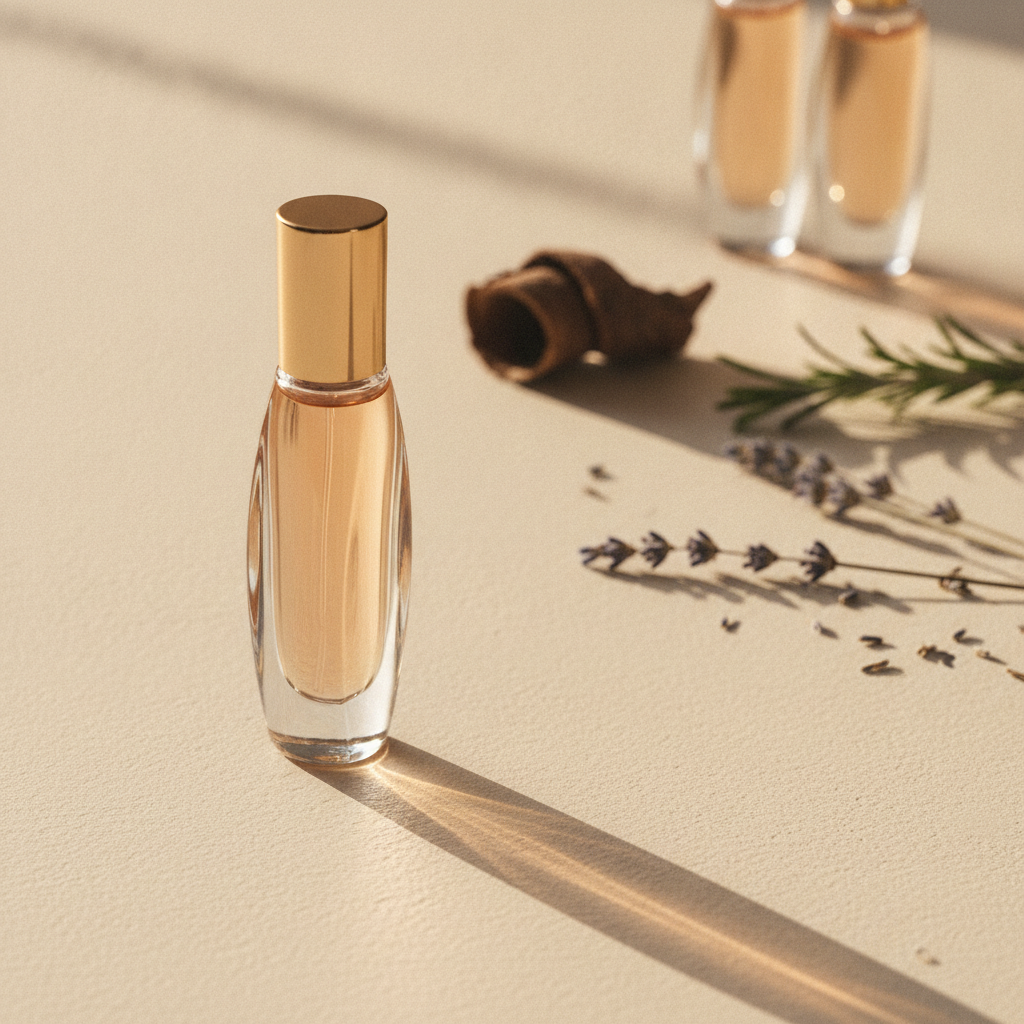 A tall perfume bottle with a gold cap standing apart from others on a cream surface, surrounded by dried herbs and a curl of dark wood.