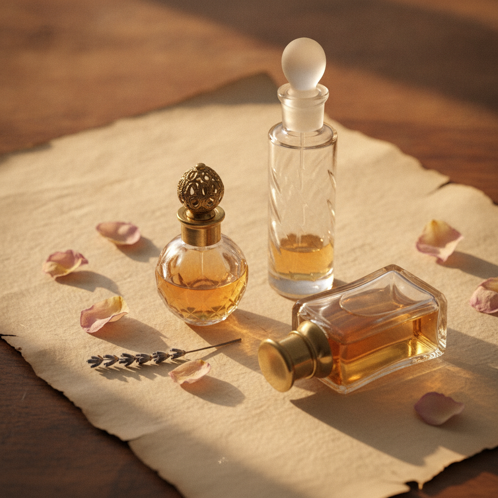 Three small perfume bottles grouped on parchment-colored paper in warm light, one tipped on its side, with a few dried petals and a small sprig nearby.