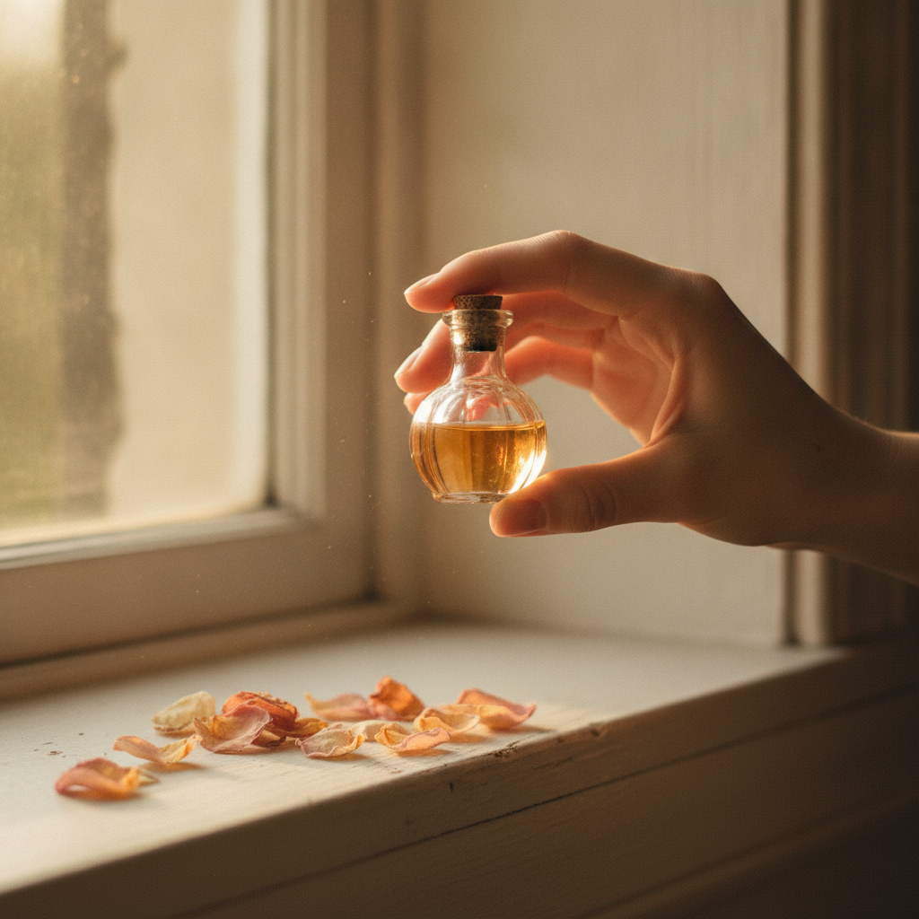 A hand holding a small glass perfume vial near a sunlit window with dried petals on the sill.