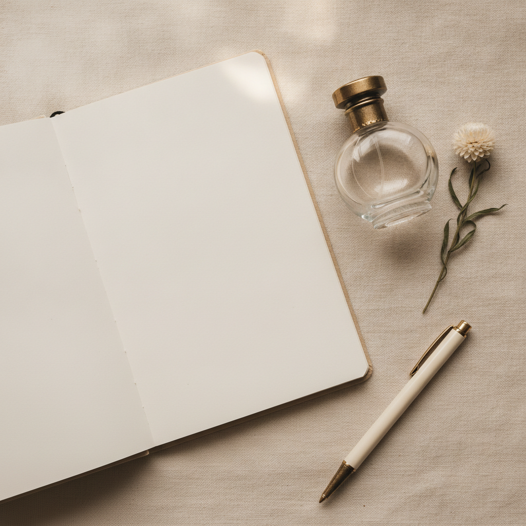 An open notebook beside a perfume bottle, dried flower, and pen on cream linen in soft diffused light.