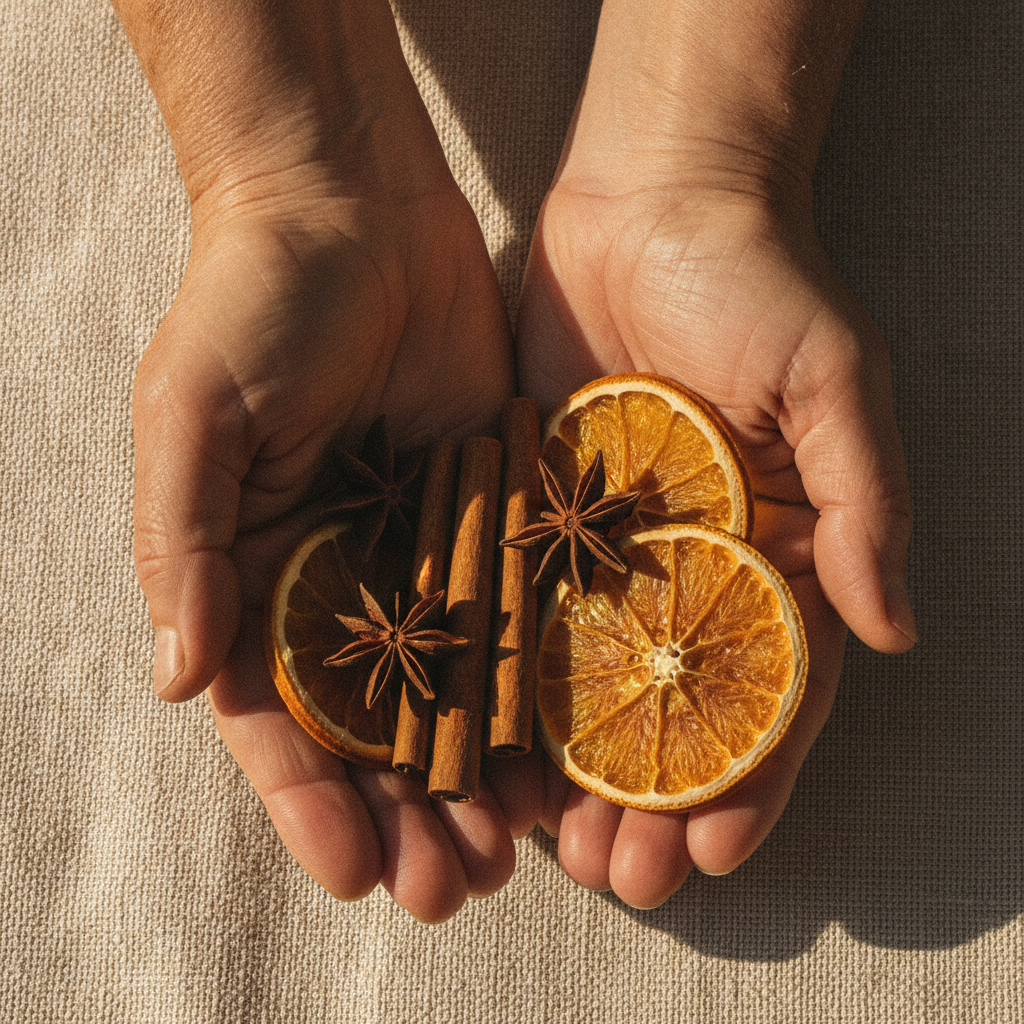 Hands holding dried cinnamon sticks, star anise, and dried orange slices on cream linen in warm golden light.