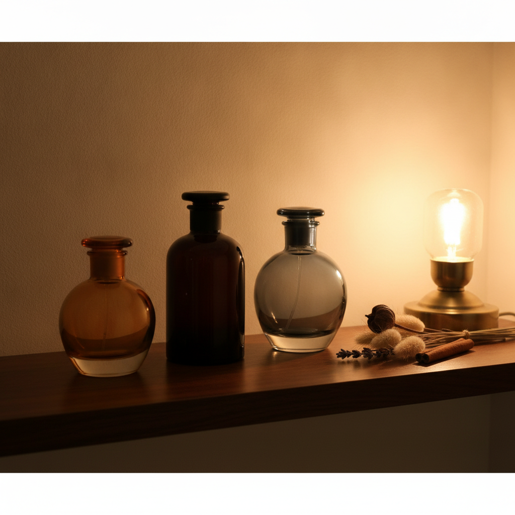 Three dark glass perfume bottles on a wooden shelf lit by a warm lamp with dried botanicals and a cinnamon stick beside them