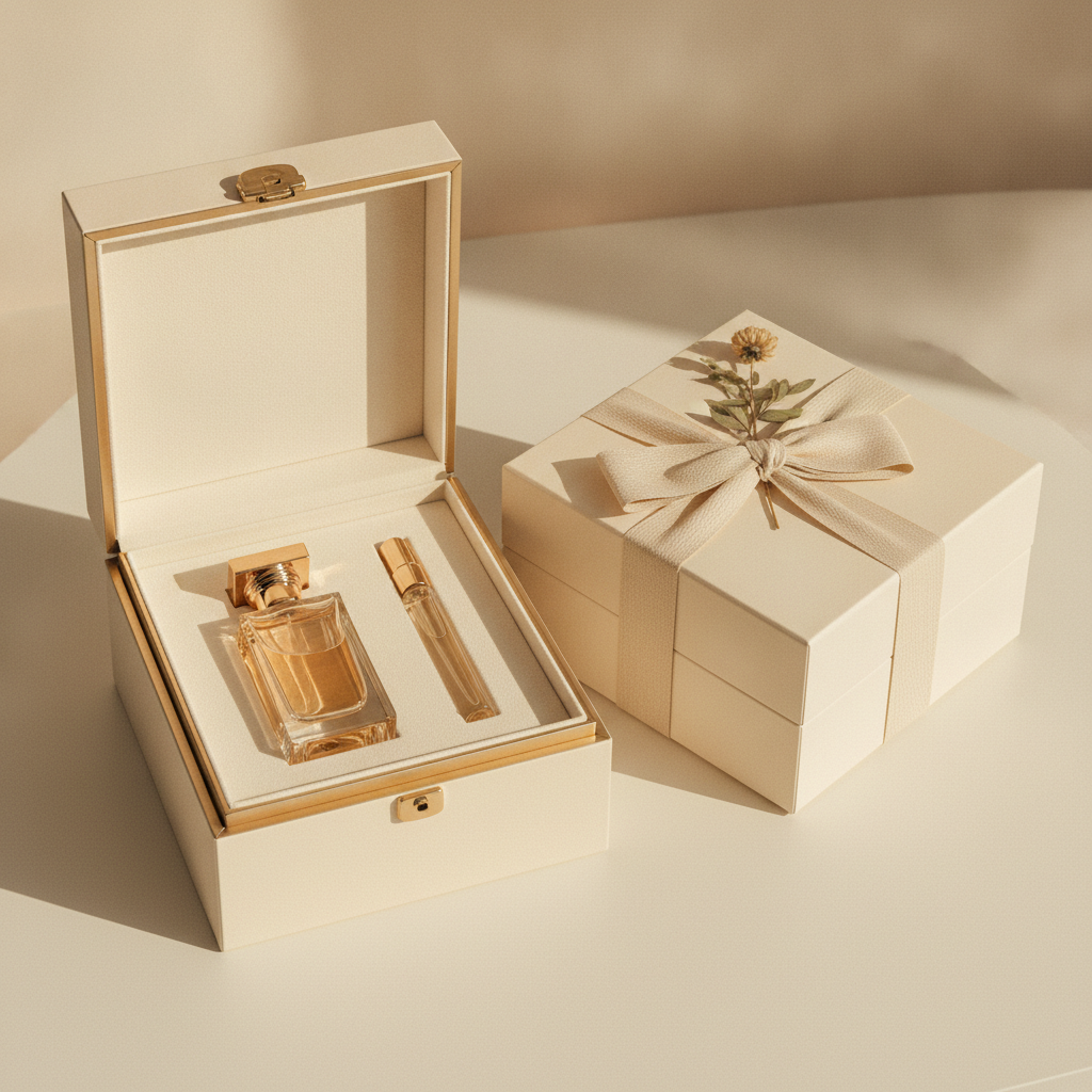 Two perfume gift sets on a cream surface, one open showing a bottle and travel spray, the other wrapped with a botanical sprig.