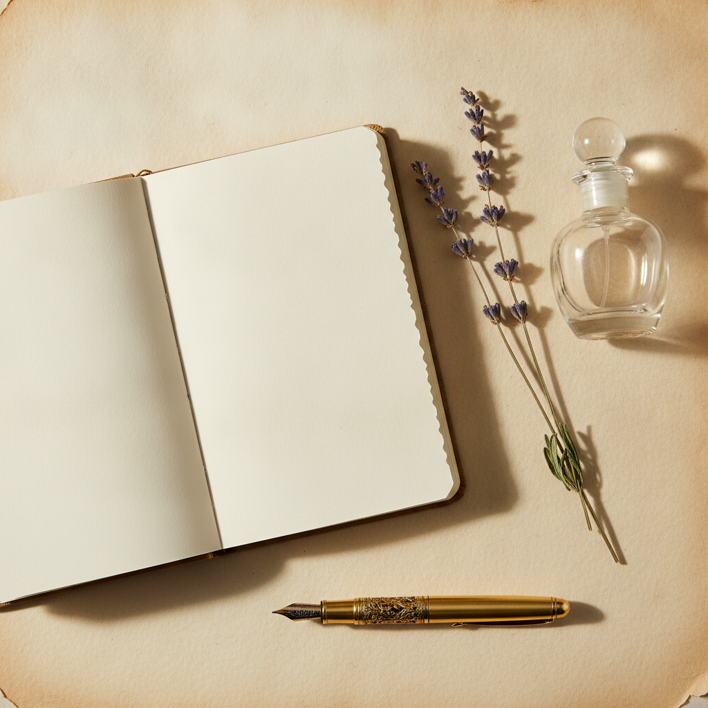 Open notebook beside a glass perfume bottle and dried lavender sprig with a gold pen on a cream surface.