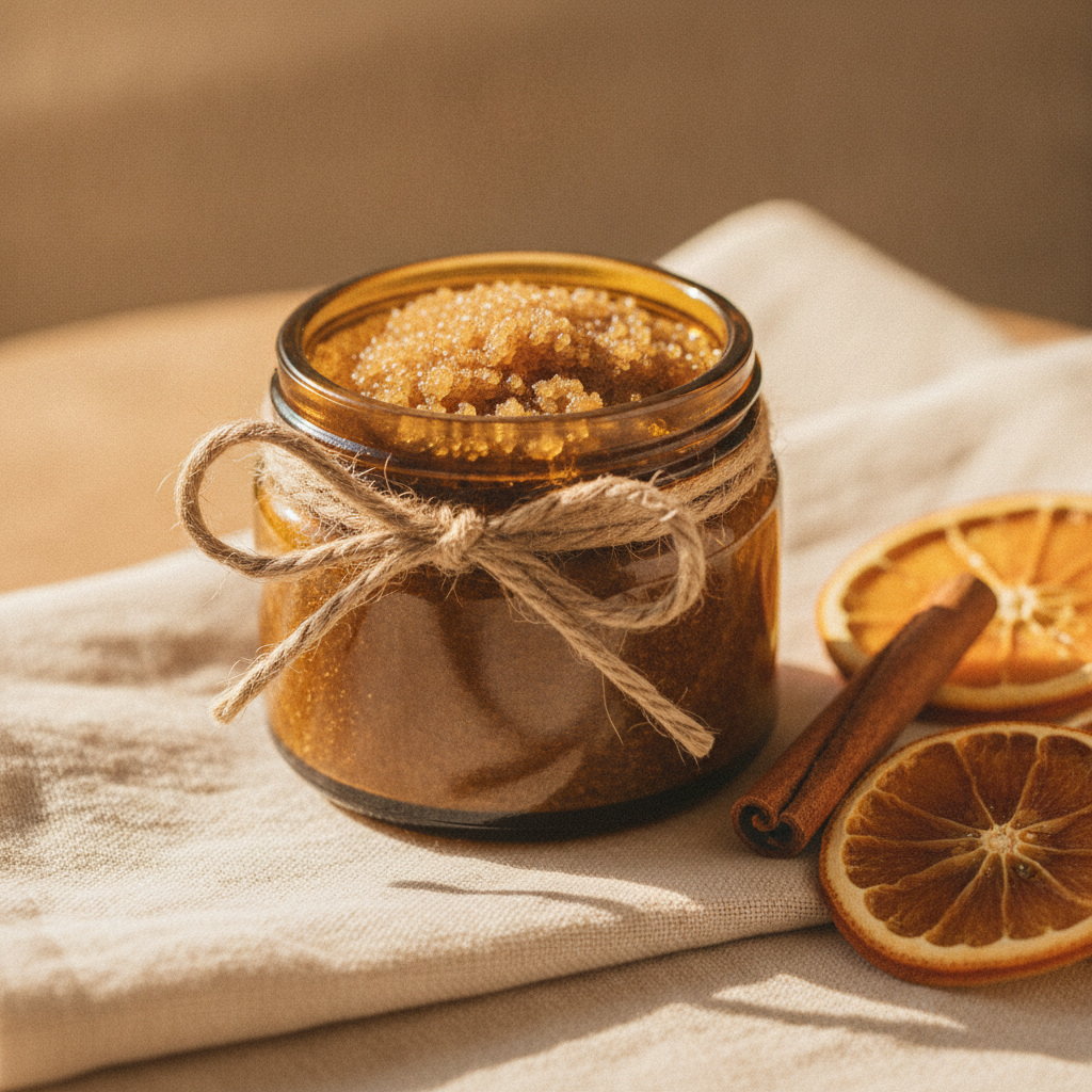 Small amber jar of golden sugar scrub tied with linen twine beside dried orange peel and a cinnamon stick