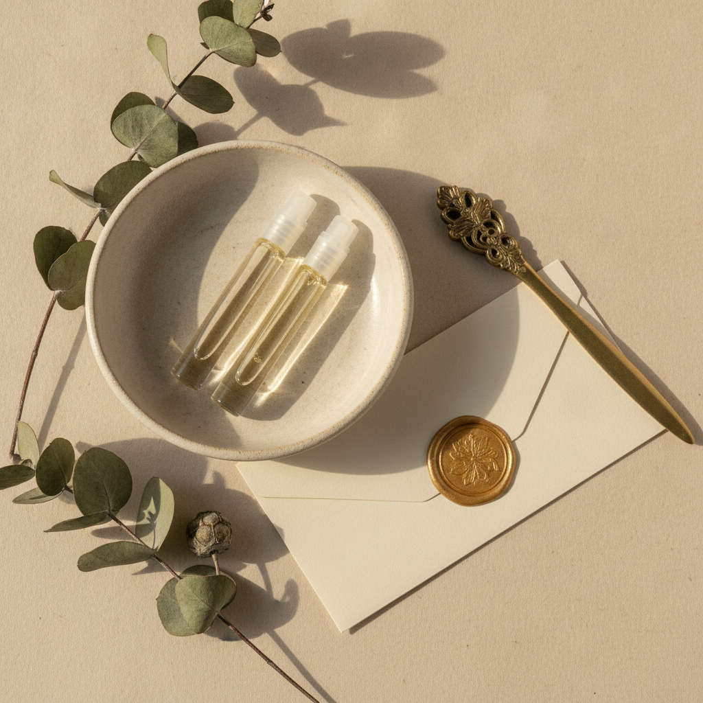 Three small glass perfume vials in a cream dish beside dried eucalyptus and a sealed ivory card