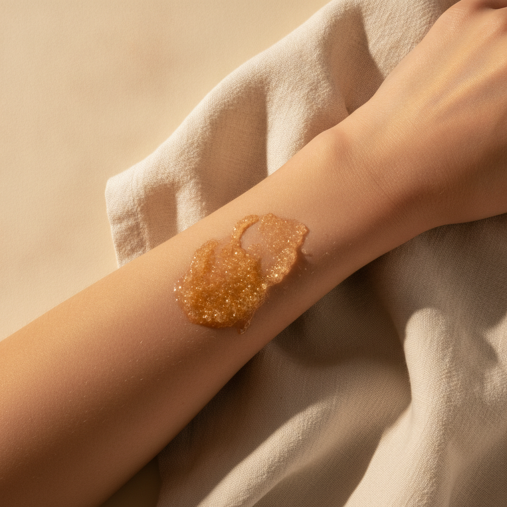 Forearm with a small amount of glistening sugar scrub on the skin against cream fabric