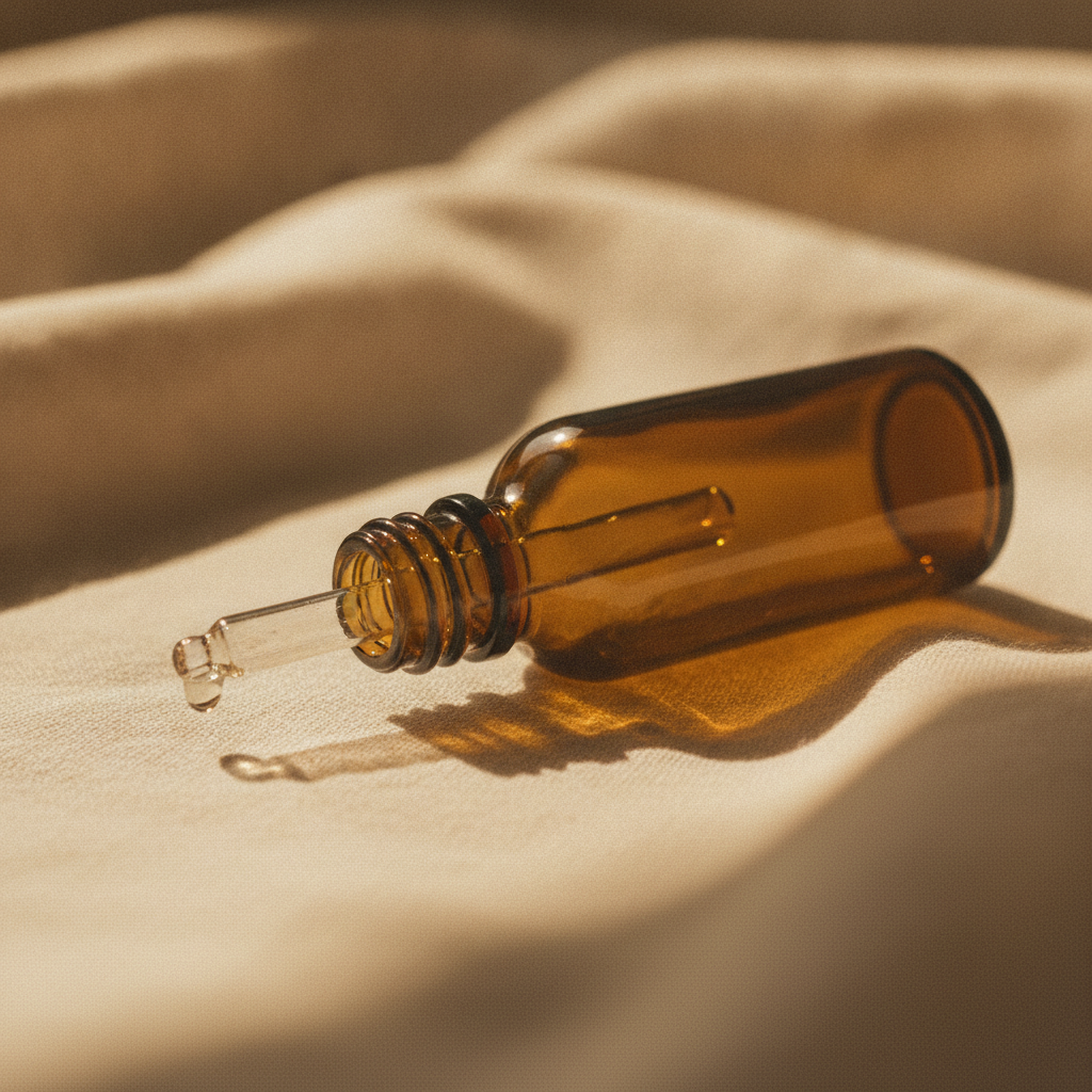 A glass dropper bottle of golden body oil on cream linen with warm natural light