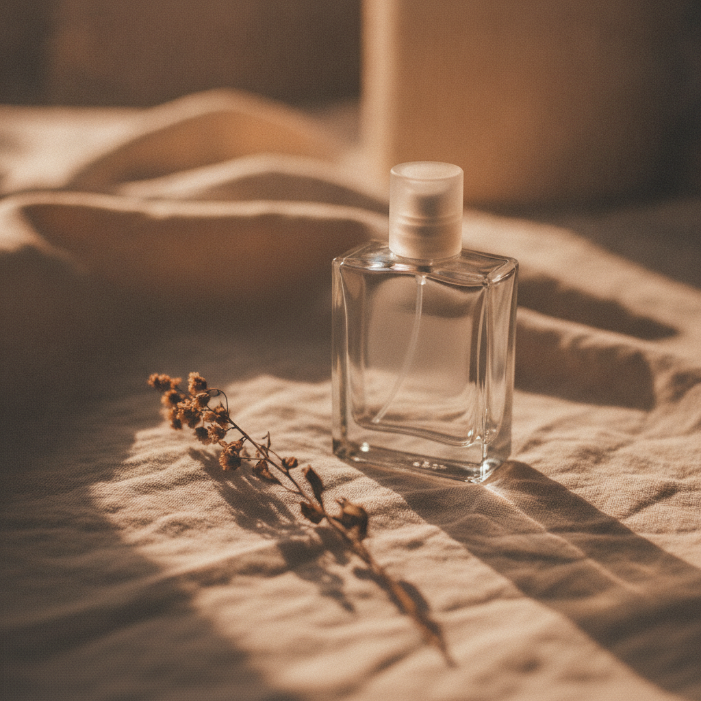 A partially empty perfume bottle on a cream linen cloth with a dried flower stem and warm golden light