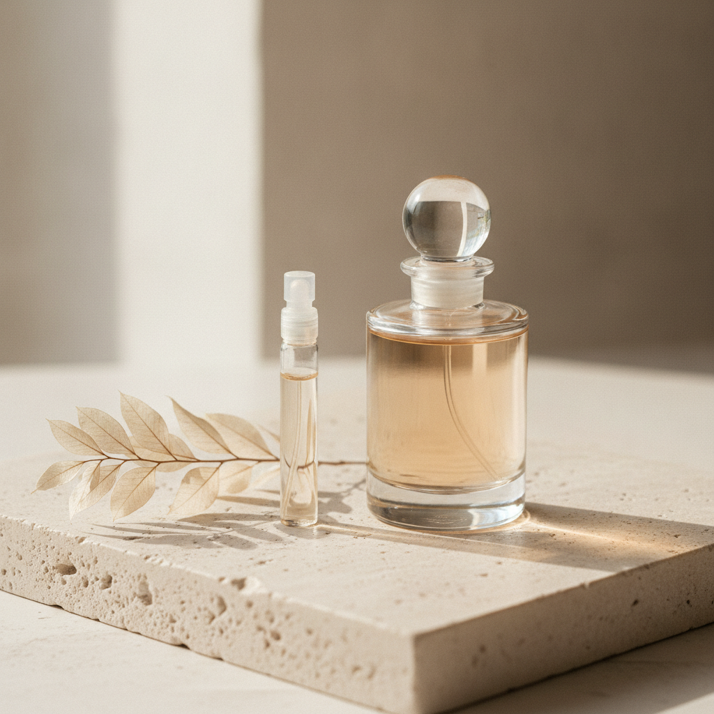 A perfume sample vial beside a full bottle on a cream surface with a dried botanical sprig and soft light
