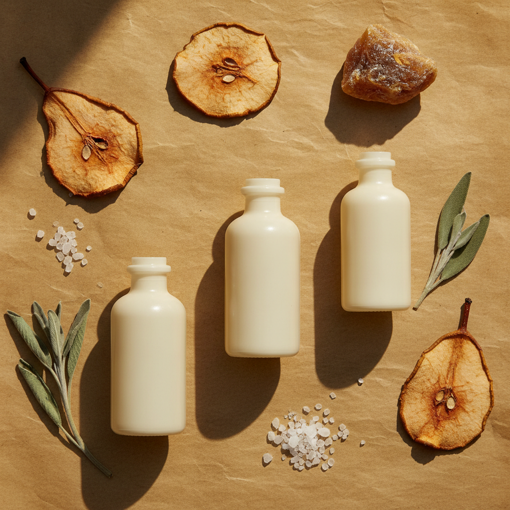 Three simple cream perfume bottles arranged with dried pear, sea salt, resin, and sage leaves on parchment paper in warm light