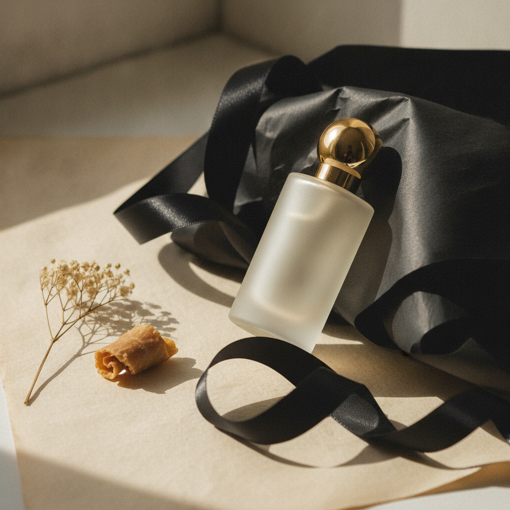 Cream perfume bottle emerging from unwrapped black ribbon and tissue paper with a dried botanical and beeswax curl on a pale surface