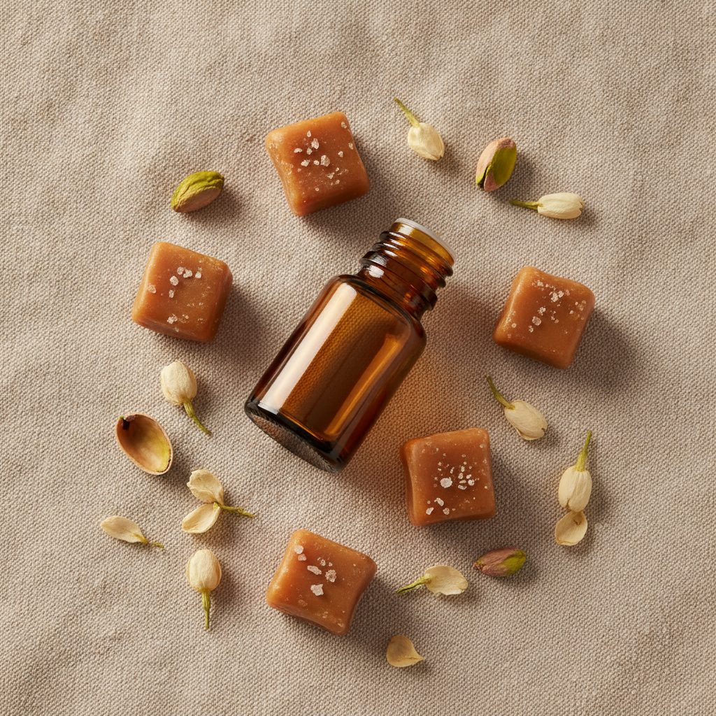 Small amber glass bottle beside caramel pieces, jasmine petals, and pistachio shells on cream linen
