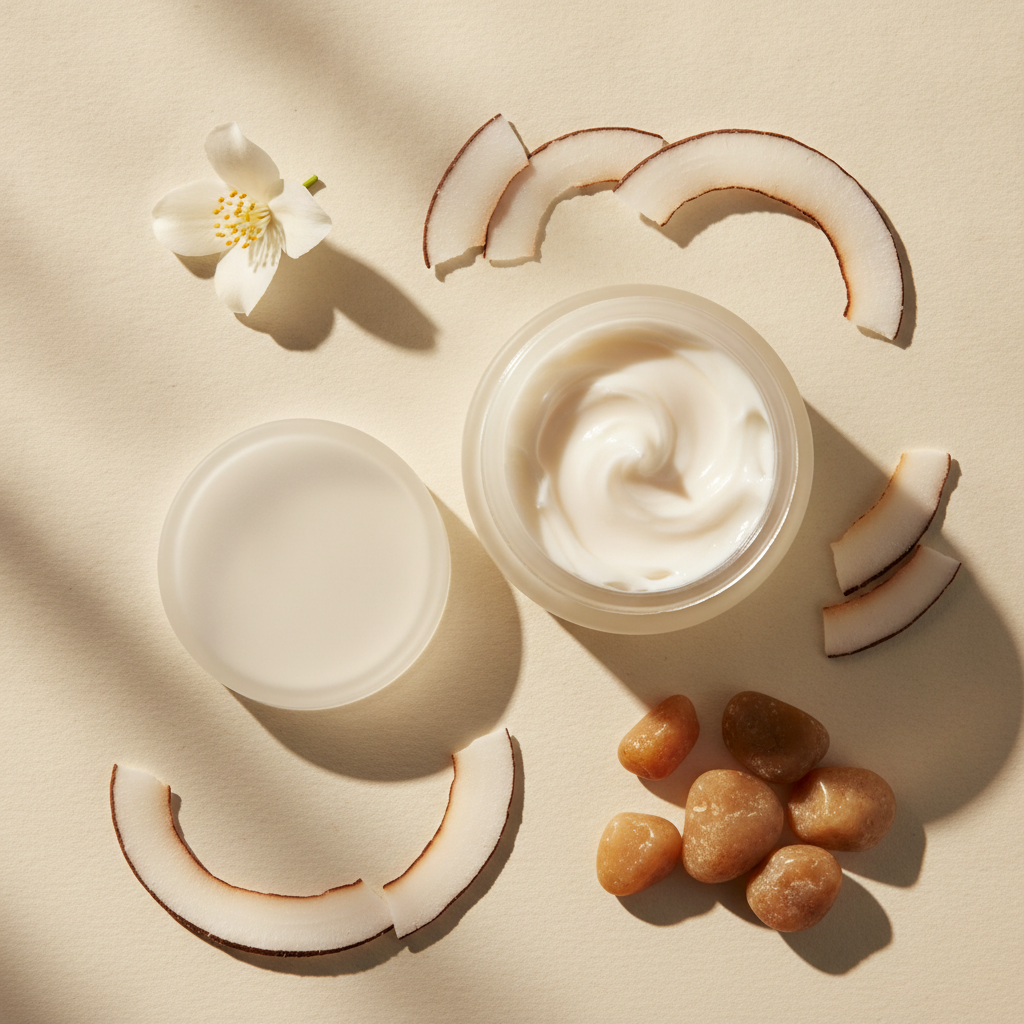 Open body cream jar beside coconut shavings, small caramel pebbles, and a jasmine flower on cream paper
