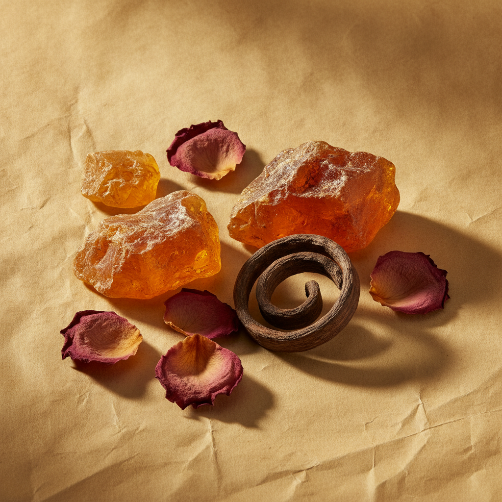 Amber resin chunks, dried rose petals, and a curl of oud wood on aged parchment in warm golden light