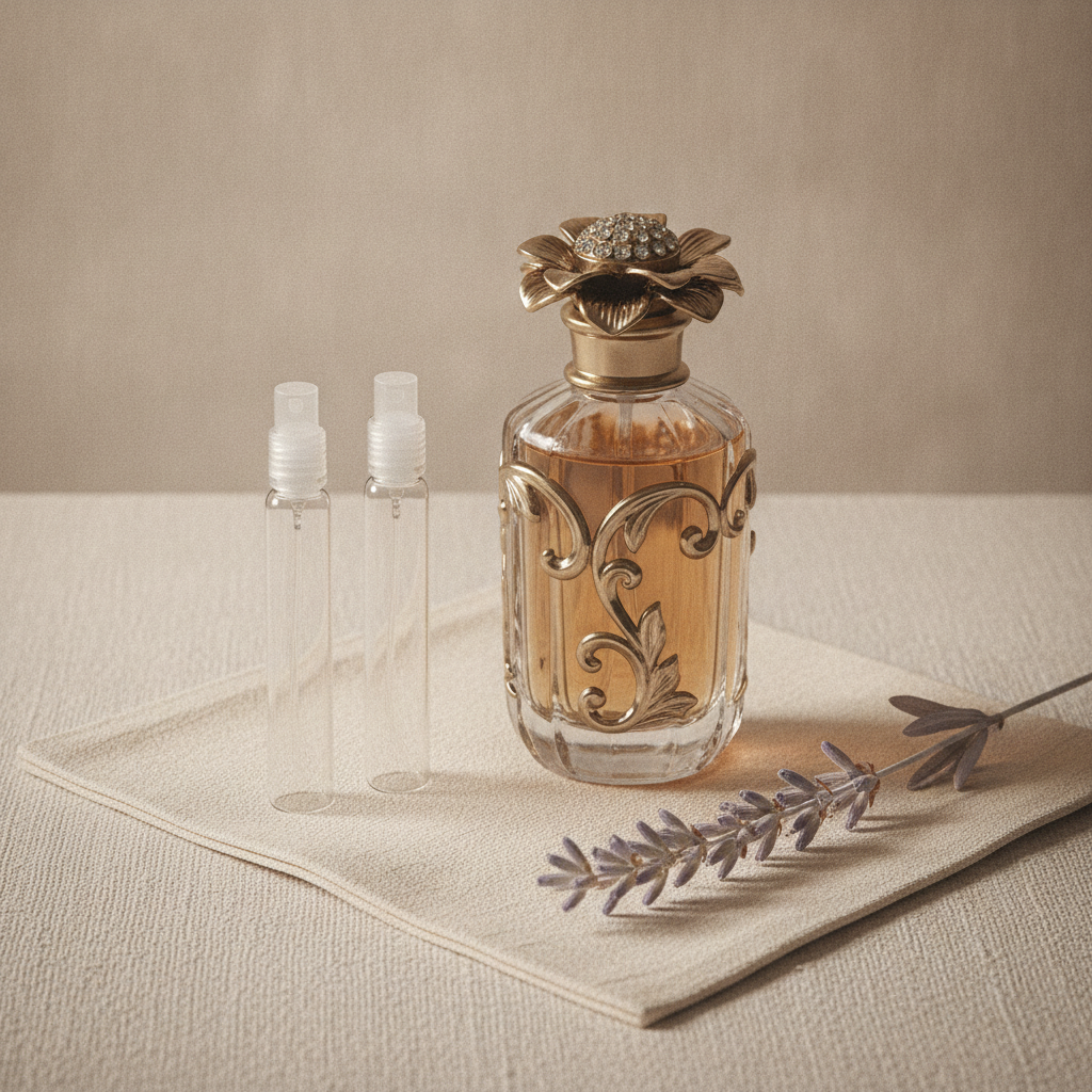 Small glass decant vials beside a larger ornate perfume bottle on cream linen with a dried lavender sprig