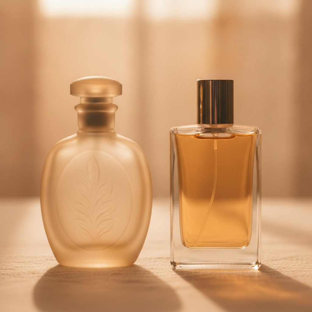 Two perfume bottles side by side on a cream surface, one older and elegant, one modern, soft overhead light