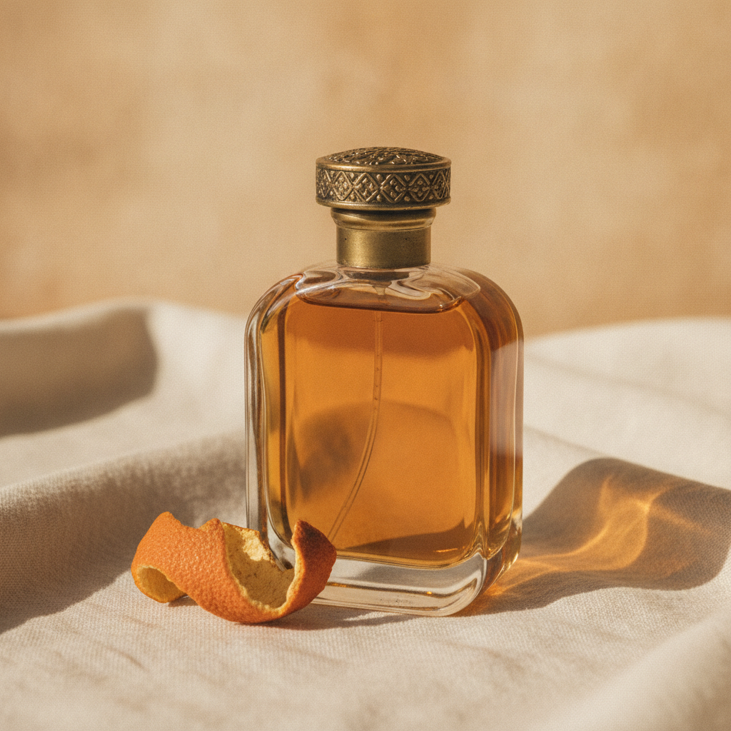 Amber glass perfume bottle on cream linen beside a curl of dried citrus peel in warm side light