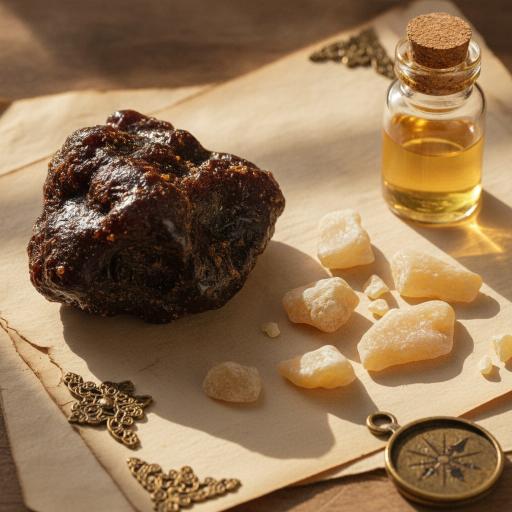 Dark labdanum resin and pale benzoin chips beside a small glass vial on aged cream paper in warm natural light