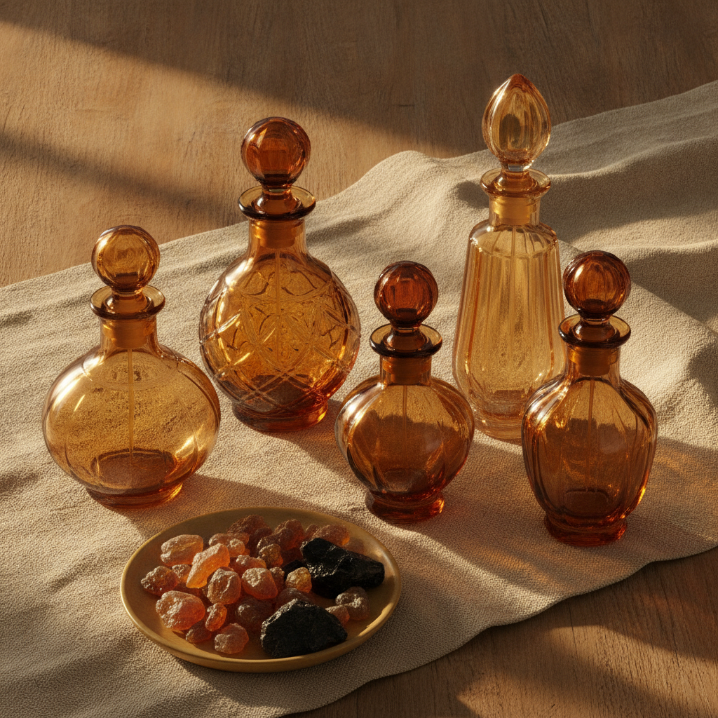 Antique glass perfume bottles in warm amber and gold tones beside dried resin on cream linen in soft winter light