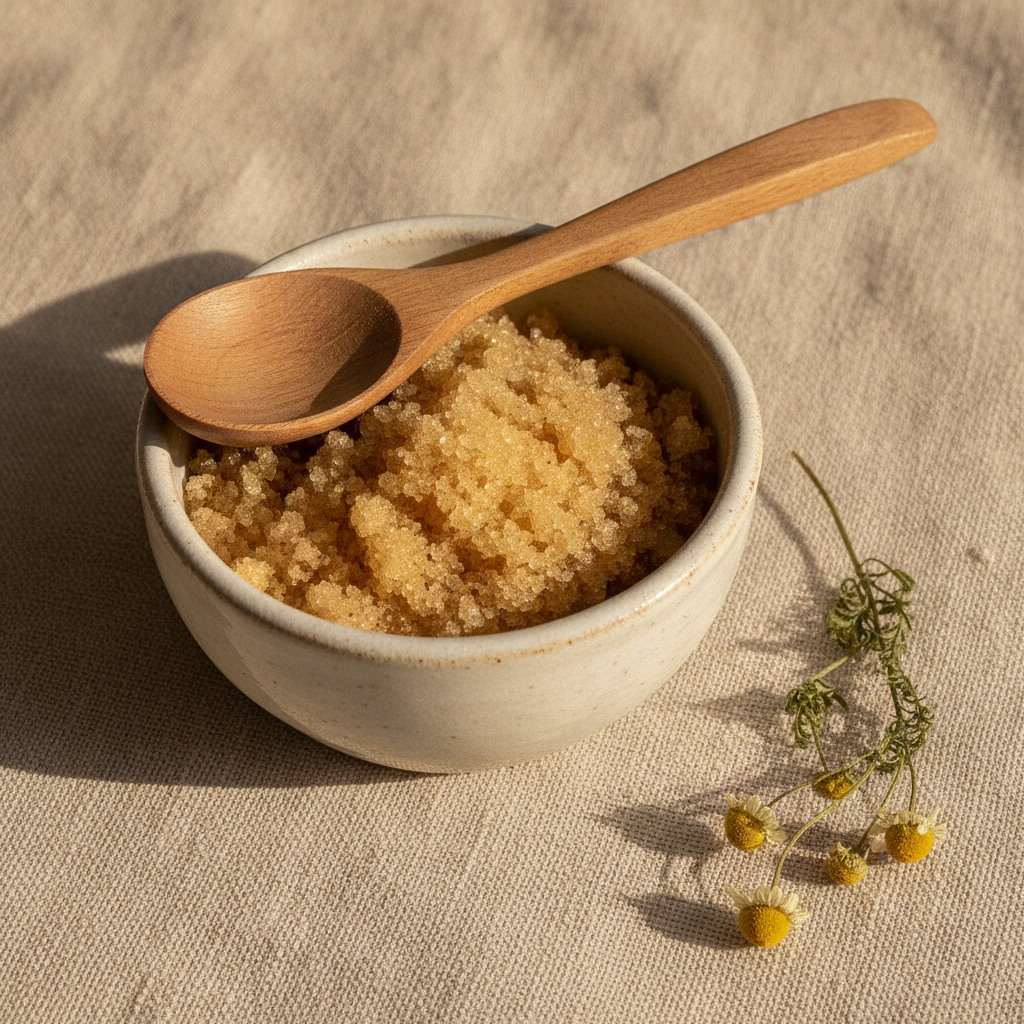 Ceramic dish of golden sugar scrub with a wooden spoon on cream linen, with dried chamomile nearby