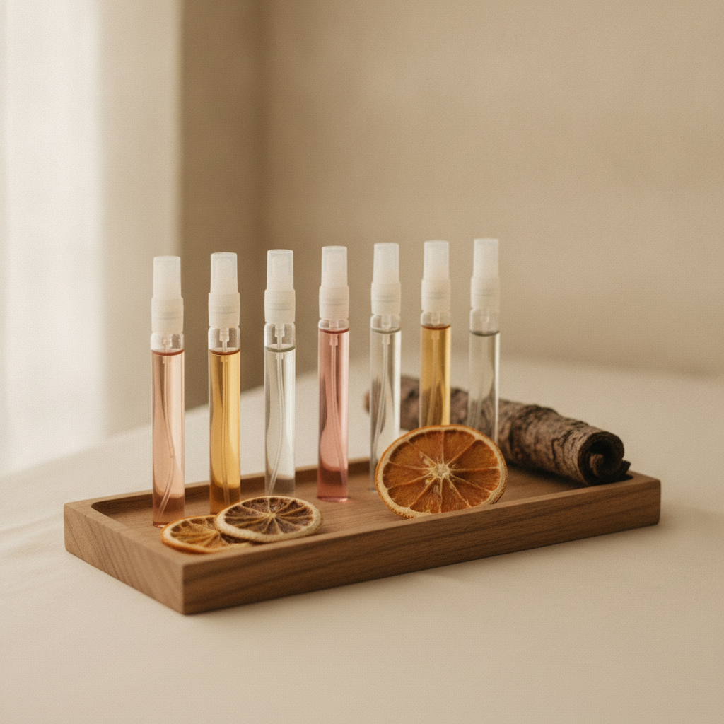 Small perfume discovery vials arranged in a wooden tray with dried orange and wood curl on a cream surface
