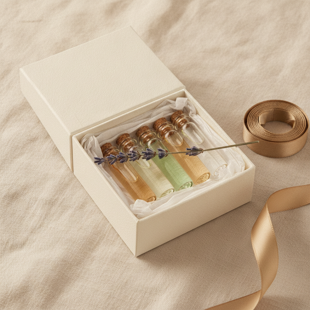 Small perfume sample vials in an open gift box nestled in tissue paper with dried lavender and a gold ribbon on linen