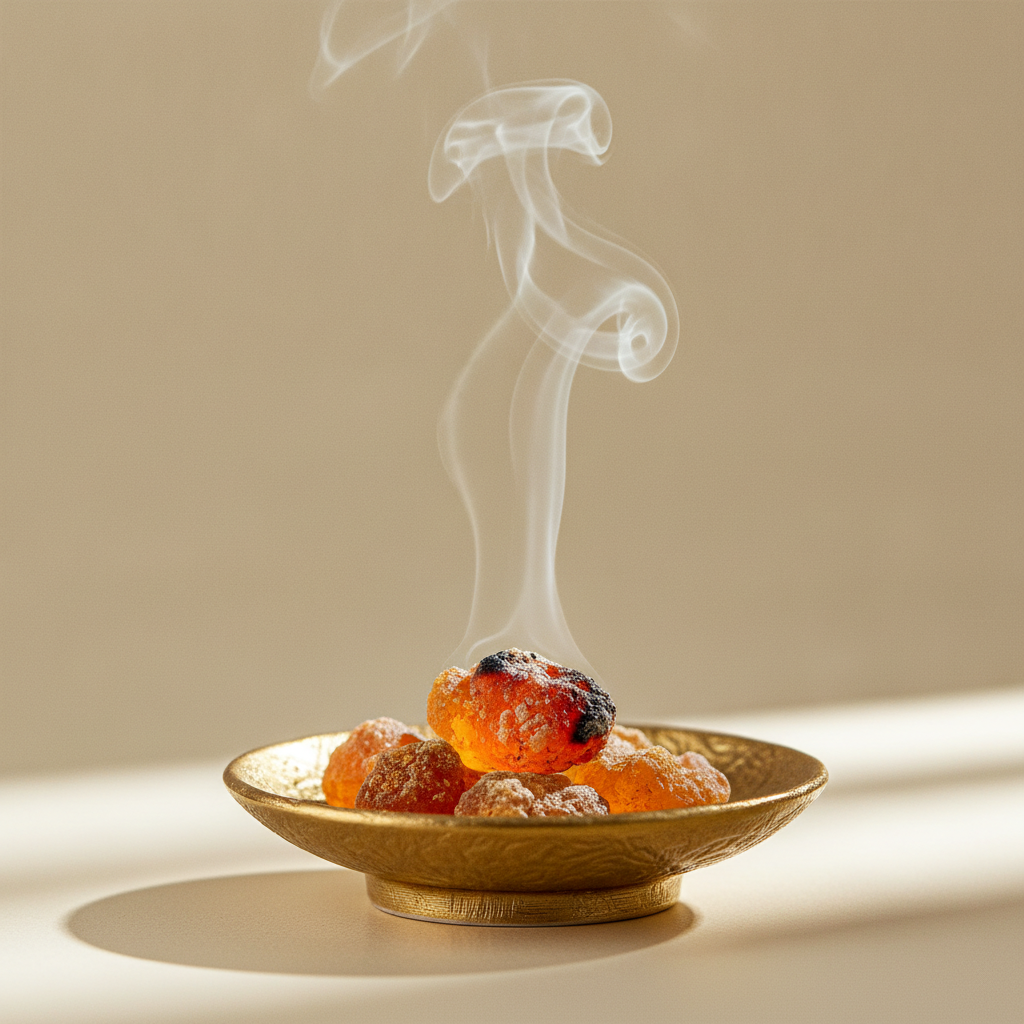 Frankincense resin smoldering in a small ceramic dish with pale smoke curling upward against a cream background
