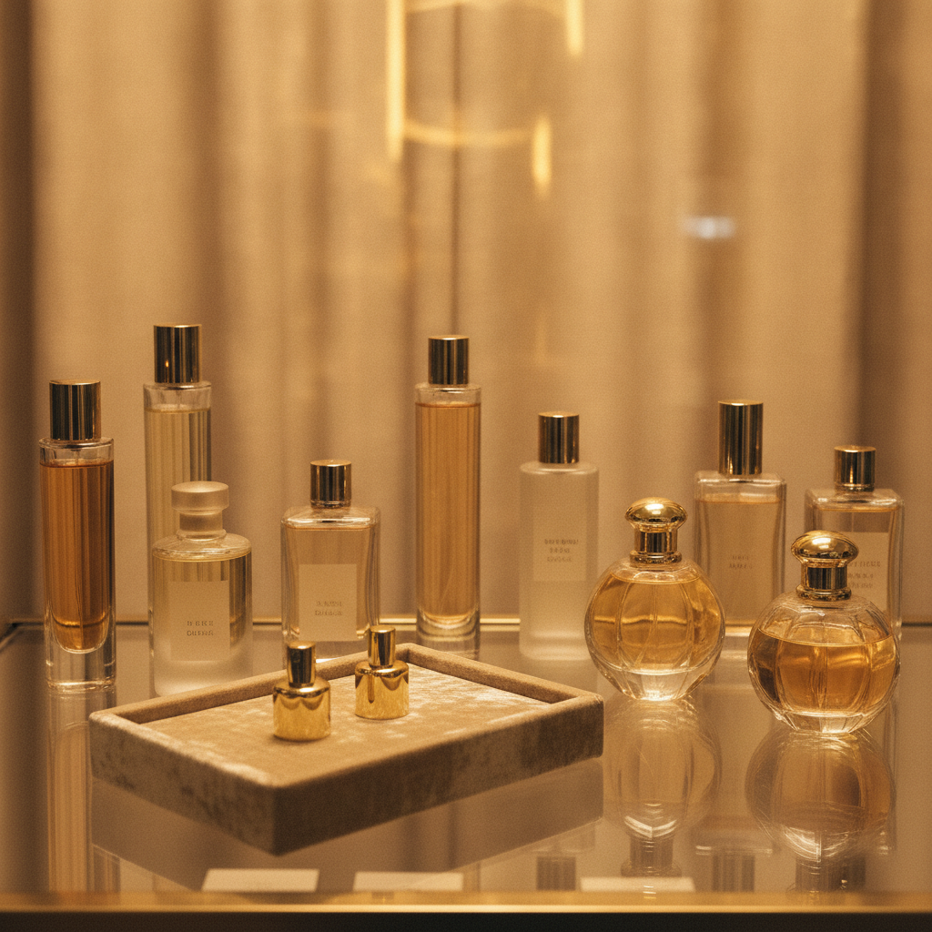 A glass fragrance counter lit in warm gold tones with several perfume bottles on a velvet tray