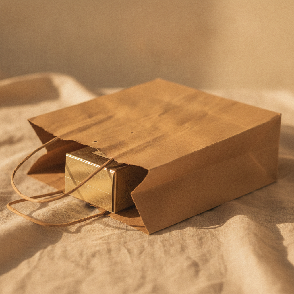 A worn paper bag with a small perfume box inside, resting on cream fabric in warm side-light