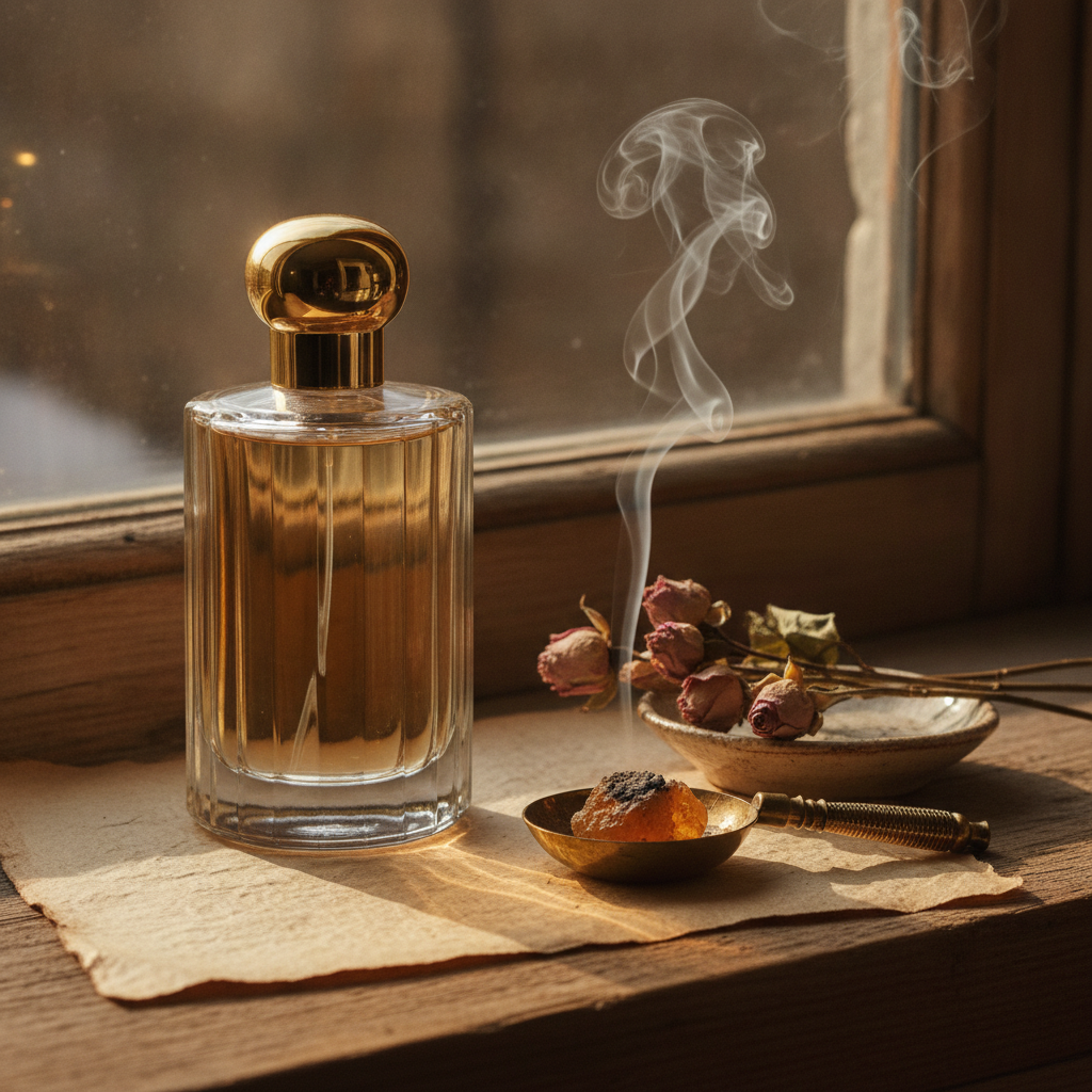 Heavy perfume bottle with gold cap on a winter windowsill beside dried roses and rising incense smoke