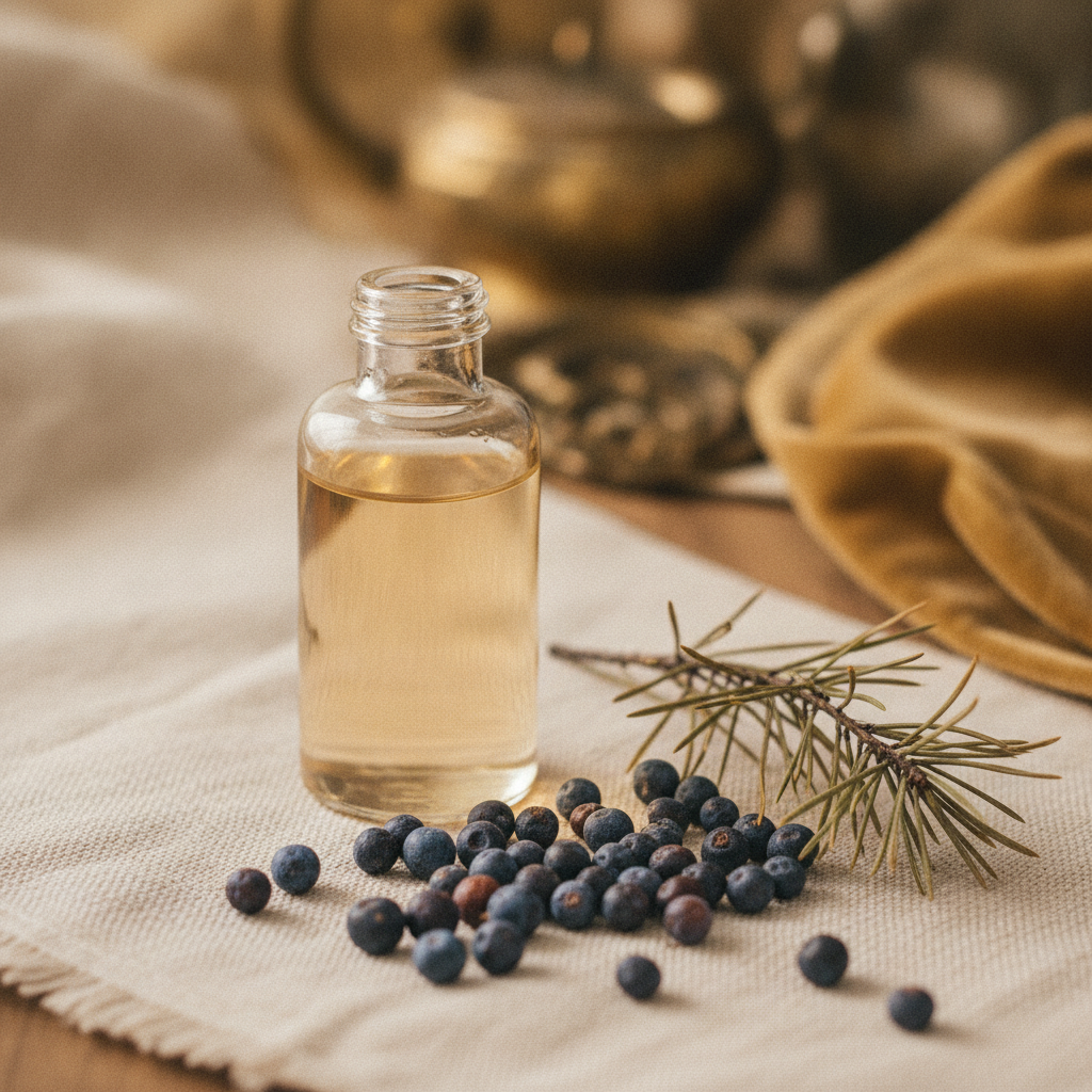 Amber liquid in a small glass vessel beside juniper berries and dried pine on cream linen