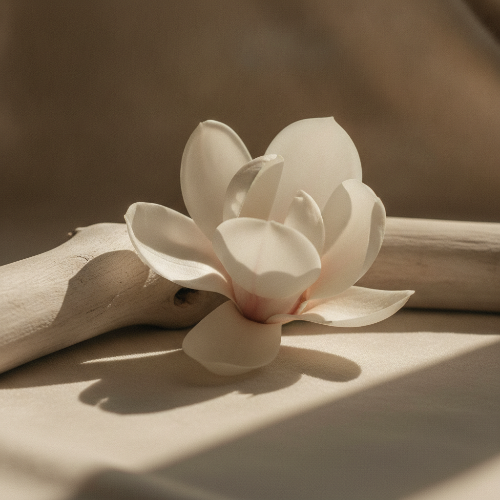 Pale white magnolia blossom against smooth bleached wood on a cream surface in warm natural light