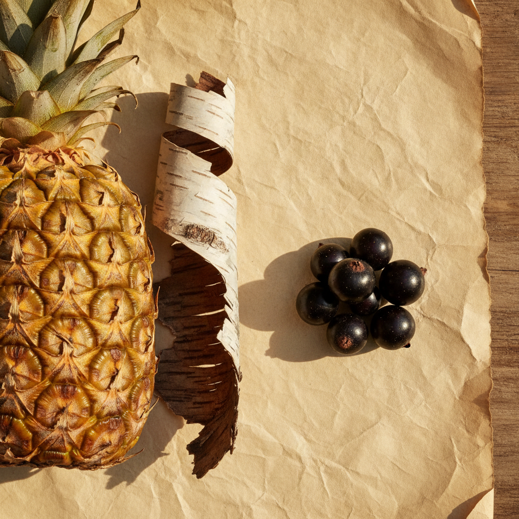 Close-up of pineapple skin, birch bark strips, and blackcurrant berries on cream paper in warm afternoon light