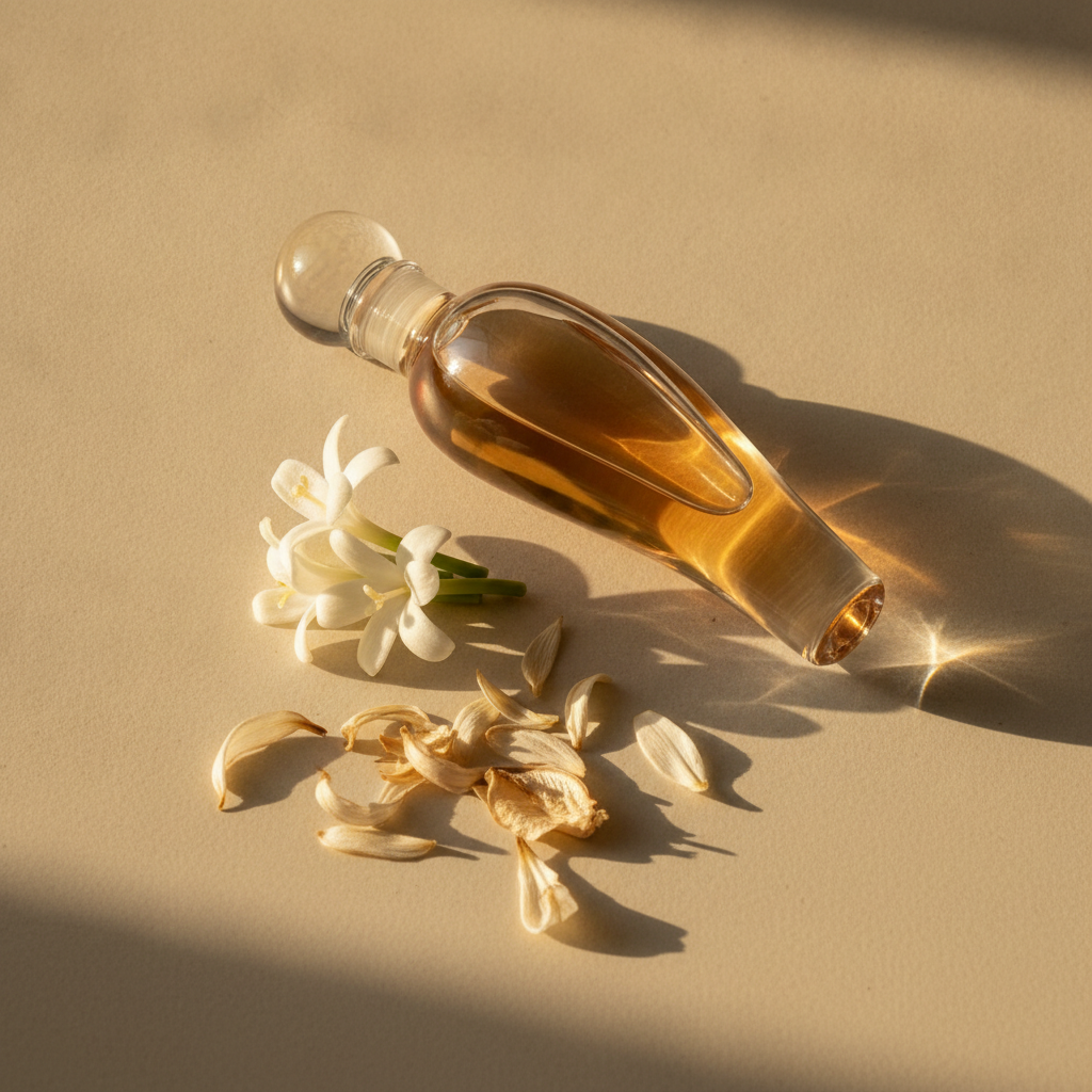 White tuberose blossoms and dried petals beside a glass perfume bottle in warm afternoon light