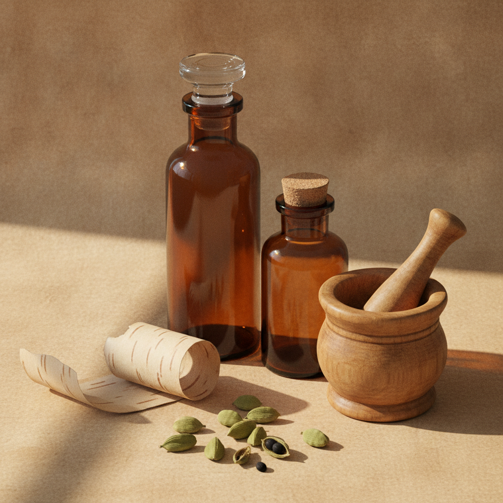 Two amber apothecary perfume bottles beside cardamom pods and birch bark on cream parchment