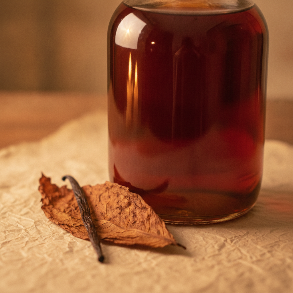 Amber perfume bottle with vanilla pod and tobacco leaf on cream parchment in warm candlelight