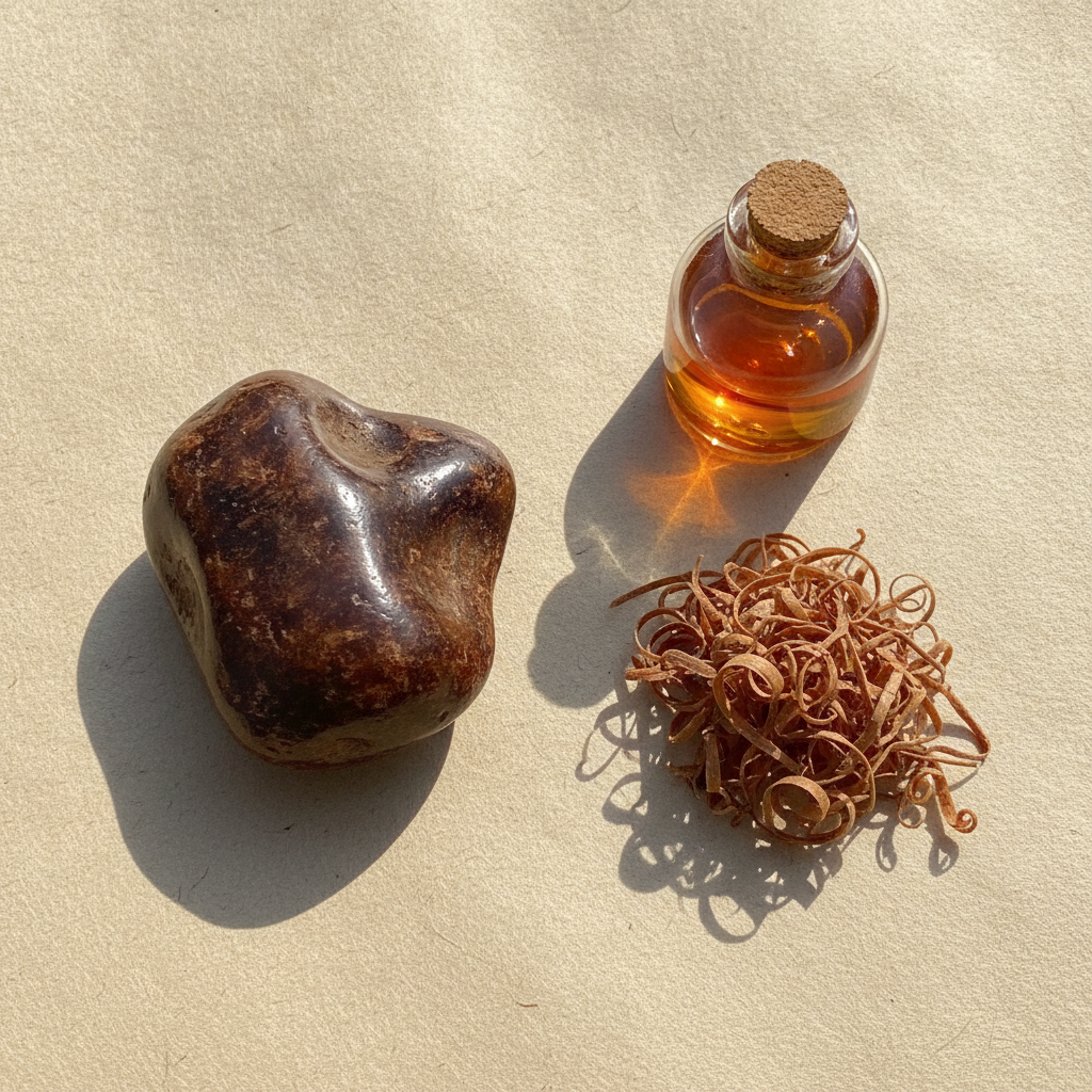 Dark agarwood piece and rosewood shavings beside a small glass perfume bottle on cream paper