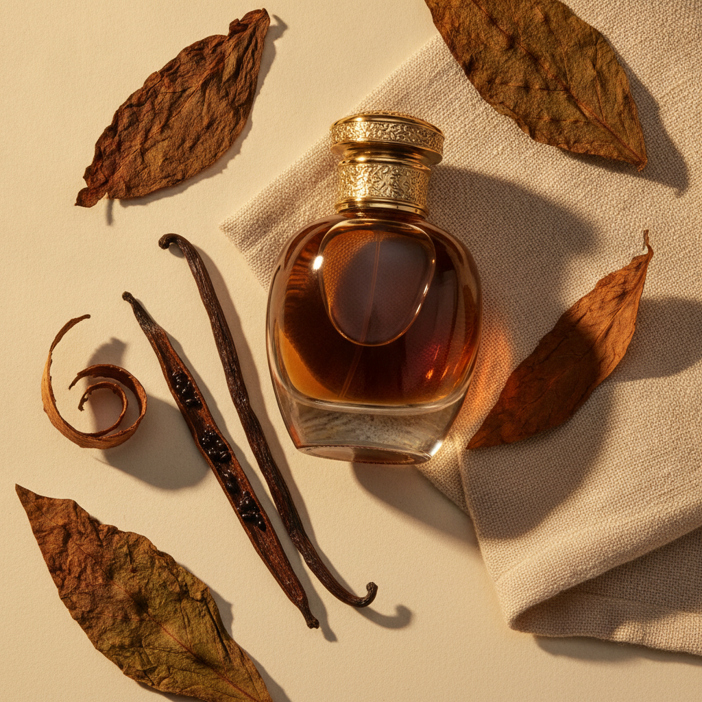 Heavy glass perfume bottle with amber liquid beside a split vanilla pod, dried tobacco leaf, and a curl of dark wood on cream linen