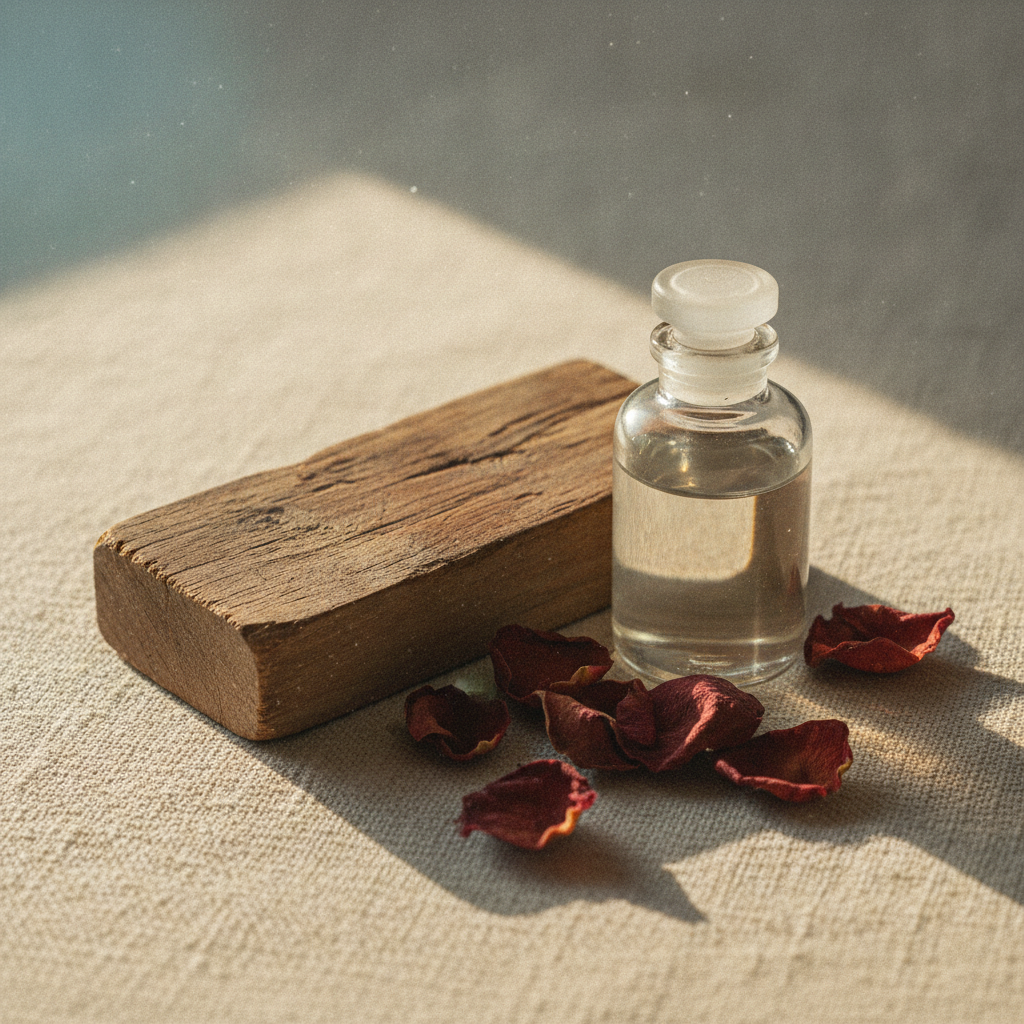 A worn cedar block and a small glass bottle with stopper beside dried rose petals on cream linen, lit by a beam of cold winter window light.