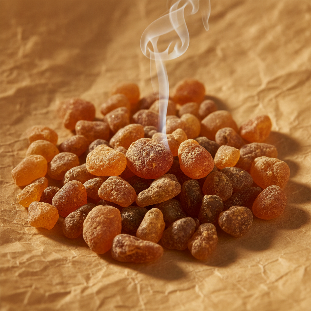 Frankincense resin tears with a curl of pale smoke on a cream background in warm light