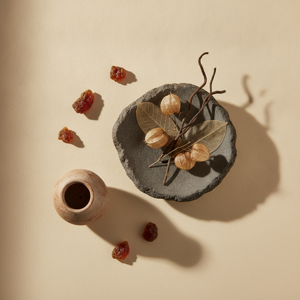 Dark stone dish with dried botanicals and resin fragments on cream surface in soft overhead light